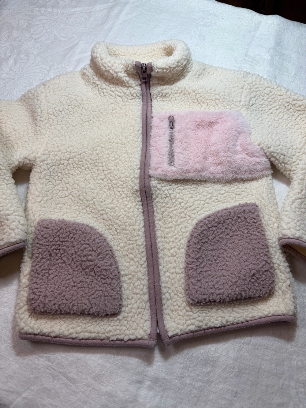 Cat & Jack Cream Sherpa-Lined Full Zip Jacket with Pink and Mauve Trim
